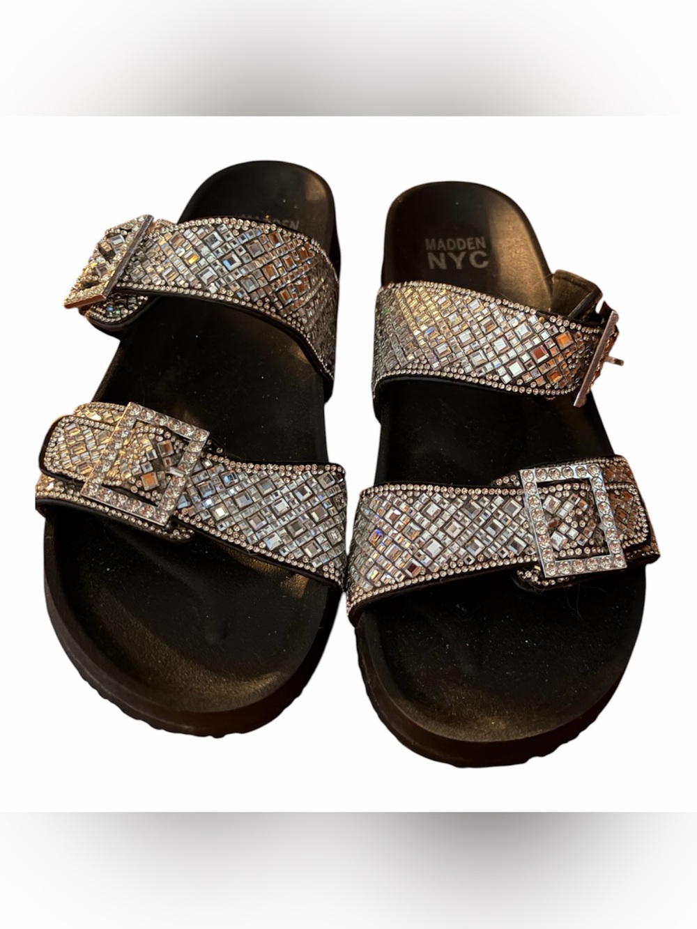 Madden NYC Crystal Buckle Slide Sandals